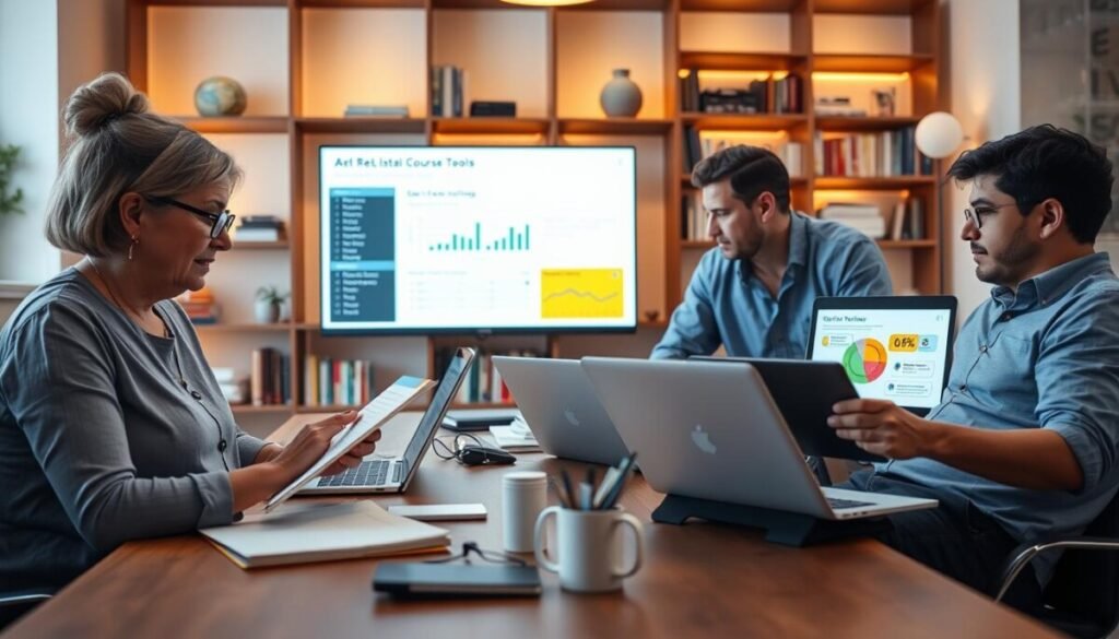 A collaborative workspace scene showcasing a diverse group of three educators engaging with various digital course tools on laptops and tablets. In the foreground, a middle-aged woman with glasses is taking notes on a notepad, while a young man in a business casual shirt reviews a software interface on a laptop. In the middle, a large screen displays a colorful presentation with charts and graphs, indicative of user reviews of the tools. The background shows bookshelves filled with educational books and modern decor, illuminated by warm, ambient lighting to create an inviting atmosphere. The scene captures a sense of professionalism and collaboration, emphasizing real user experiences and feedback on course tools, with a soft focus effect for depth.