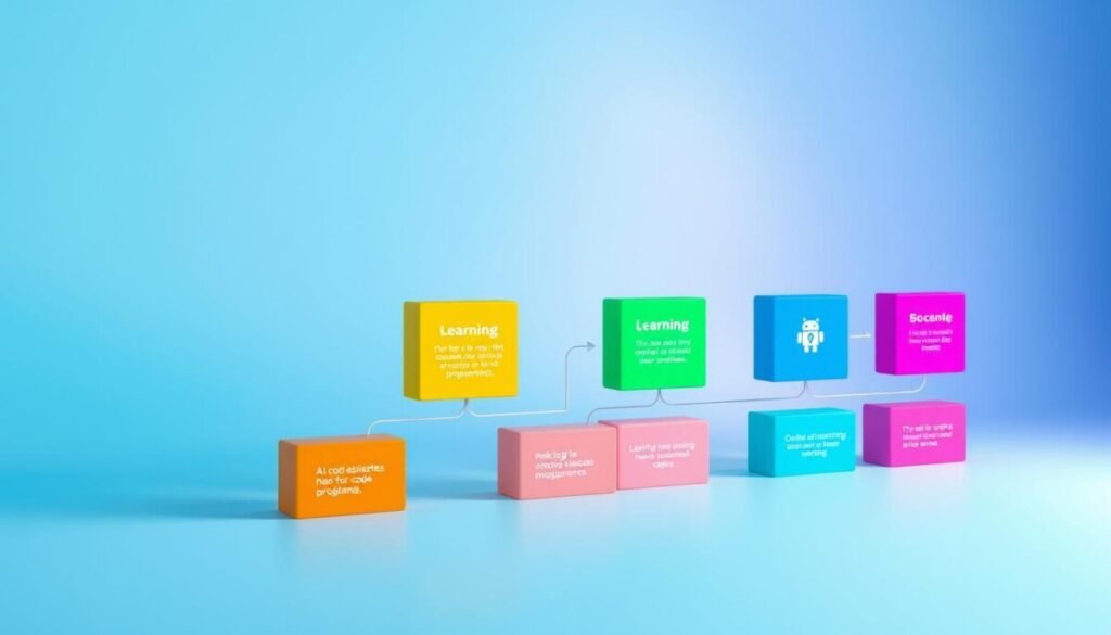 A colorful, stage-based learning roadmap designed for non-programmers, visually laid out in a clear and engaging manner. In the foreground, distinct stages of learning are represented by vibrant, labeled blocks or nodes, connected by arrows to illustrate progression. The middle layer features abstract icons symbolizing AI code assistants, such as robots and coding symbols, interspersed between the blocks. The background displays a soft gradient that transitions from light to deep blue, evoking a sense of depth and inspiration. The lighting is bright and inviting, with a subtle glow illuminating the roadmap, creating an optimistic atmosphere. The perspective is slightly angled to add dimension, while the entire composition remains clean and professional, with no text, ensuring clarity and focus on the learning journey.