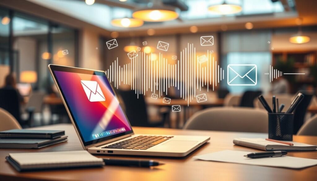 A composition illustrating the concept of "emails sound." In the foreground, a stylish, modern desk with a sleek laptop open, displaying a vibrant email interface, surrounded by stationary such as notebooks and pens. In the middle ground, swirling visual representations of sound waves, intertwined with abstract email icons to symbolize communication. In the background, a softly blurred office setting filled with warm, ambient lighting, suggesting a productive and professional atmosphere. The scene is captured from a slightly elevated angle to provide depth, emphasizing the harmony between technology and communication. The mood is enlightening, inspiring creativity while conveying the ever-present nature of digital correspondence in a professional environment.