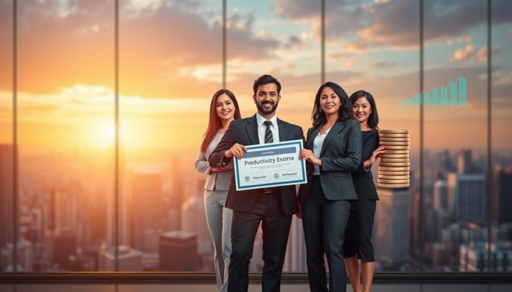 A conceptual illustration depicting the balance of productivity gains, quality, and cost considerations. In the foreground, a diverse group of three professionals in business attire stand confidently, each holding a symbolic item: a clock representing productivity, a quality certificate, and a stack of coins for cost. In the middle ground, a sleek, modern office environment with digital displays showcasing graphs and statistics indicative of efficiency and quality metrics. The background features a panoramic view of a bustling city skyline during sunset, with warm, golden light filtering through, creating an atmosphere of ambition and opportunity. Use a shallow depth of field to keep the focus on the professionals while softly blurring the cityscape. The mood should convey optimism and collaboration in the realm of AI productivity tools.