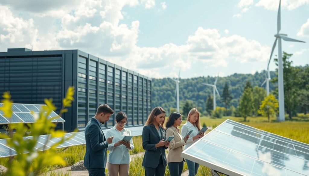 A conceptual illustration of the environmental impact of cloud computing. In the foreground, visualize a large, modern data center powered by renewable energy, surrounded by solar panels and wind turbines, highlighting a commitment to green technology. In the middle ground, incorporate a diverse group of professionals in business attire analyzing cloud data on tablets, emphasizing collaboration and innovation. The background should feature a lush green landscape with trees and a clear blue sky, symbolizing the harmony between technology and nature. Use soft, natural lighting to create an optimistic and hopeful atmosphere, focusing on the balance between digital advancement and environmental stewardship. The angle should be slightly elevated to capture the entire scene.