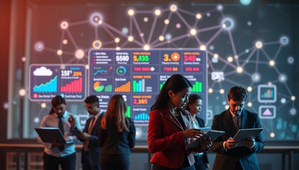 A conceptual illustration representing "deliverability sender reputation" in email marketing. In the foreground, showcase a diverse group of professionals in business attire, analyzing graphs and statistics on laptops and tablets, symbolizing data-driven decision-making. In the middle ground, depict a digital interface displaying colorful metrics like open rates, bounce rates, and sender scores, illustrating various indicators of email deliverability. The background should feature an abstract representation of a network of interconnected devices, with glowing lines indicating data flow and communication. Use soft, ambient lighting to create a professional and focused atmosphere, with a slight depth of field to emphasize the professionals and digital interface. Aim for a modern, tech-savvy aesthetic that encapsulates the importance of sender reputation in email marketing. A conceptual illustration representing "deliverability sender reputation" in email marketing. In the foreground, showcase a diverse group of professionals in business attire, analyzing graphs and statistics on laptops and tablets, symbolizing data-driven decision-making. In the middle ground, depict a digital interface displaying colorful metrics like open rates, bounce rates, and sender scores, illustrating various indicators of email deliverability. The background should feature an abstract representation of a network of interconnected devices, with glowing lines indicating data flow and communication. Use soft, ambient lighting to create a professional and focused atmosphere, with a slight depth of field to emphasize the professionals and digital interface. Aim for a modern, tech-savvy aesthetic that encapsulates the importance of sender reputation in email marketing.