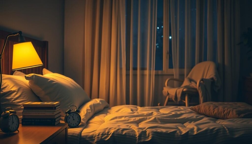 A cozy bedroom setting at night, featuring a neatly made bed with soft, fluffy pillows and a warm, inviting duvet. In the foreground, a bedside table holds a glowing lamp casting a gentle, golden light, a stack of books, and a small clock showing a bedtime hour. The middle ground displays a wooden rocking chair in the corner, adorned with a soft throw blanket, emphasizing relaxation. In the background, sheer curtains flutter slightly by an open window, with a starry night sky visible outside. The atmosphere is serene and calming, accentuated by soft shadows and warm tones, creating a perfect environment for bedtime routines. The scene conveys a sense of peace and tranquility, ideal for establishing healthy sleep habits. A cozy bedroom setting at night, featuring a neatly made bed with soft, fluffy pillows and a warm, inviting duvet. In the foreground, a bedside table holds a glowing lamp casting a gentle, golden light, a stack of books, and a small clock showing a bedtime hour. The middle ground displays a wooden rocking chair in the corner, adorned with a soft throw blanket, emphasizing relaxation. In the background, sheer curtains flutter slightly by an open window, with a starry night sky visible outside. The atmosphere is serene and calming, accentuated by soft shadows and warm tones, creating a perfect environment for bedtime routines. The scene conveys a sense of peace and tranquility, ideal for establishing healthy sleep habits.