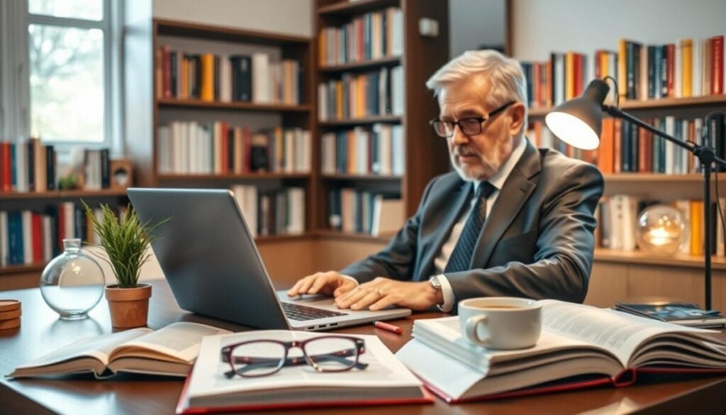 A cozy, well-lit study environment featuring a middle-aged person in professional business attire seated at a modern desk, deeply focused on a laptop screen displaying a Chrome browser in Reading Mode. In the foreground, there are open books, a pair of reading glasses, and a steaming cup of coffee, symbolizing a personalized reading experience. The middle ground showcases the sleek laptop and decorative elements like a small indoor plant and a stylish desk lamp providing warm light. The background contains softly blurred bookshelves filled with an array of colorful books, enhancing the scholarly atmosphere. The overall mood conveys tranquility and concentration, with soft, natural lighting creating an inviting and productive ambiance. A cozy, well-lit study environment featuring a middle-aged person in professional business attire seated at a modern desk, deeply focused on a laptop screen displaying a Chrome browser in Reading Mode. In the foreground, there are open books, a pair of reading glasses, and a steaming cup of coffee, symbolizing a personalized reading experience. The middle ground showcases the sleek laptop and decorative elements like a small indoor plant and a stylish desk lamp providing warm light. The background contains softly blurred bookshelves filled with an array of colorful books, enhancing the scholarly atmosphere. The overall mood conveys tranquility and concentration, with soft, natural lighting creating an inviting and productive ambiance.