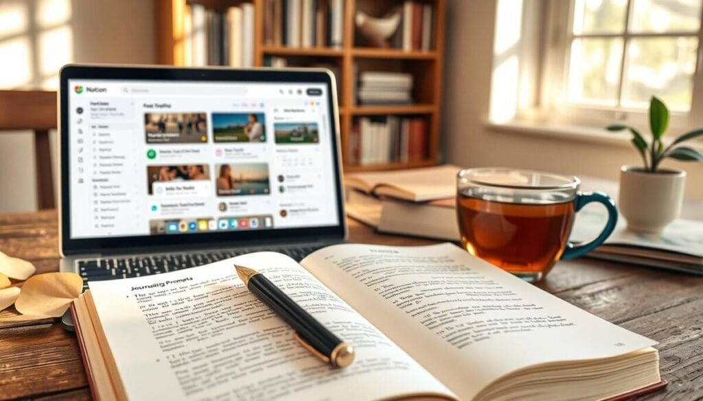 A cozy workspace featuring an open journal with beautifully detailed journaling prompts neatly written on its pages. In the foreground, the journal rests on a rustic wooden desk adorned with a sleek fountain pen and a steaming cup of herbal tea. The middle ground captures an organized Notion workspace displayed on a laptop, showcasing various sections like tasks, goals, and users' notes in a stylish layout. The background features a warm-toned bookshelf filled with inspiring books and a small potted plant, adding a touch of nature. Soft, natural light filters through a nearby window, casting gentle shadows, creating a tranquil and inviting atmosphere that encourages reflection and creativity. The overall mood is serene and productive, perfect for a customizable workspace.