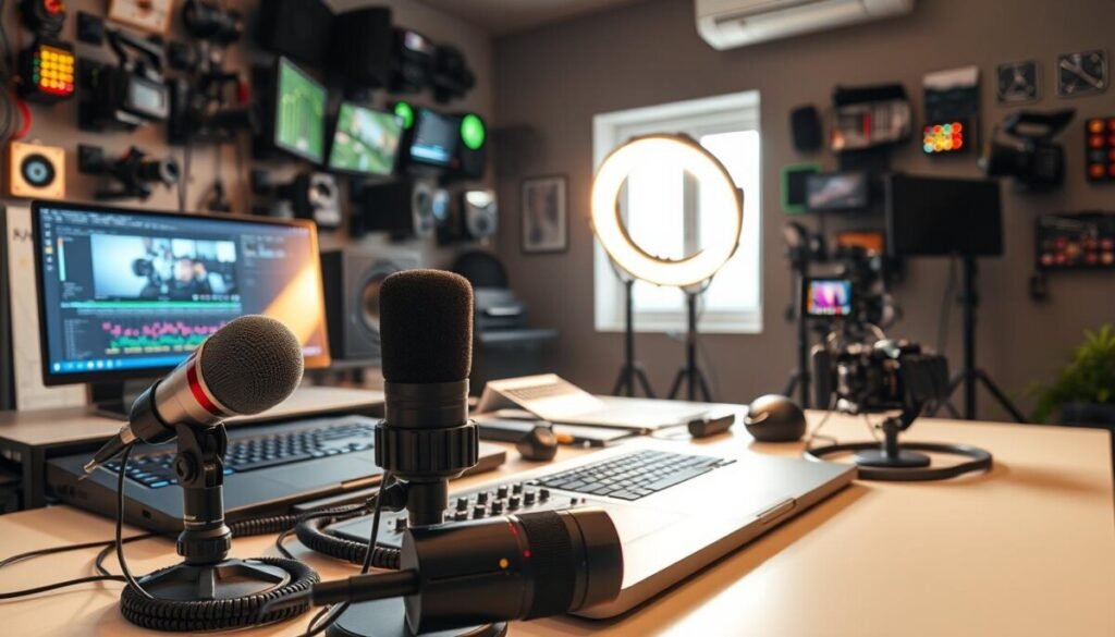 A creative workspace featuring a collection of dynamic video and audio tools. In the foreground, there are high-end microphones, a mixing console, and a laptop displaying editing software, all arranged neatly on a sleek desk. In the middle ground, an illuminated ring light casts a soft glow on the scene, enhancing the vibrancy of the tools. The background showcases a wall filled with colorful equipment—cameras, sound mixers, and LED panels, suggesting a professional content creation environment. The lighting is bright yet warm, creating an inviting atmosphere. An open window allows natural light to stream in, adding to the inspiration of creativity. The mood is energetic and productive, suited for innovative media production.
