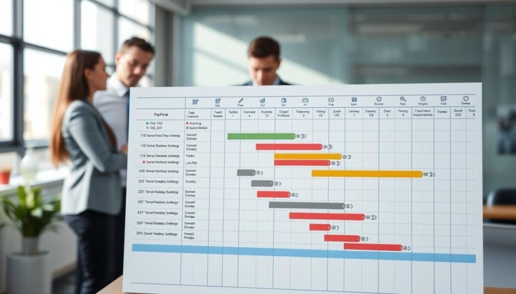 A detailed Gantt chart displayed prominently in the foreground, showcasing task dependencies with colorful bars representing various project phases. The middle layer features icons and markers indicating milestones and progress updates, with a variety of task durations and overlaps. The background includes a subtle office environment, with blurred outlines of people in professional business attire collaborating over project plans, fostering a sense of teamwork. Soft, natural lighting casts gentle shadows, creating a welcoming atmosphere. The image is captured from a slightly elevated angle to provide a comprehensive view of the Gantt chart, emphasizing its role in effective project management. The overall mood is focused and productive, reflecting organization and clarity in project planning. A detailed Gantt chart displayed prominently in the foreground, showcasing task dependencies with colorful bars representing various project phases. The middle layer features icons and markers indicating milestones and progress updates, with a variety of task durations and overlaps. The background includes a subtle office environment, with blurred outlines of people in professional business attire collaborating over project plans, fostering a sense of teamwork. Soft, natural lighting casts gentle shadows, creating a welcoming atmosphere. The image is captured from a slightly elevated angle to provide a comprehensive view of the Gantt chart, emphasizing its role in effective project management. The overall mood is focused and productive, reflecting organization and clarity in project planning.