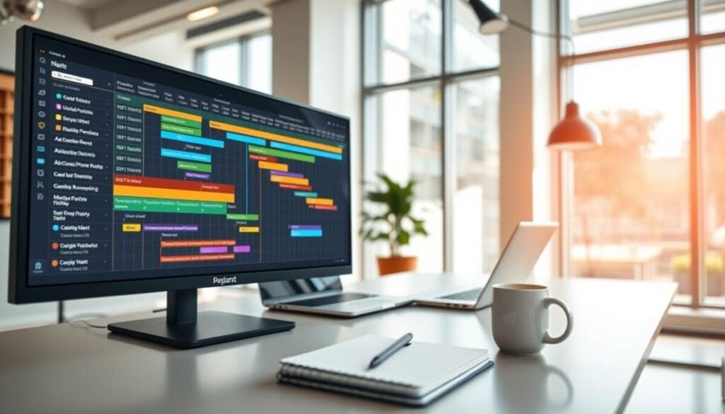 A detailed Gantt chart view displayed in a bright, modern office environment, showcasing colorful task bars representing various project phases with clear distinctions in durations and dependencies. The foreground includes a digital screen displaying the Gantt chart prominently, with vibrant colors indicating overlapping tasks. In the middle, a sleek desk with a laptop, notebooks, and a coffee mug, illustrating a productive work atmosphere. The background features large windows letting in natural light, creating a warm and inviting ambiance. The scene is captured from a slightly elevated angle, emphasizing the clarity of the Gantt chart while maintaining a professional, modern vibe, suitable for a business article. A detailed Gantt chart view displayed in a bright, modern office environment, showcasing colorful task bars representing various project phases with clear distinctions in durations and dependencies. The foreground includes a digital screen displaying the Gantt chart prominently, with vibrant colors indicating overlapping tasks. In the middle, a sleek desk with a laptop, notebooks, and a coffee mug, illustrating a productive work atmosphere. The background features large windows letting in natural light, creating a warm and inviting ambiance. The scene is captured from a slightly elevated angle, emphasizing the clarity of the Gantt chart while maintaining a professional, modern vibe, suitable for a business article.
