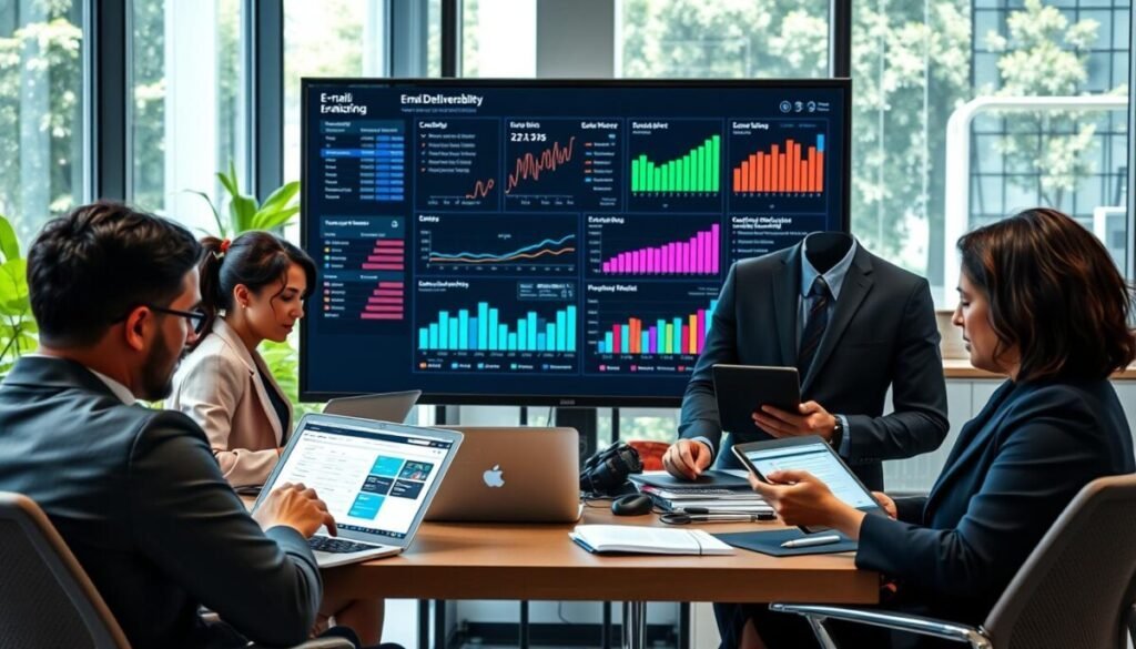 A detailed and vibrant office scene showing a professional team conducting email testing and monitoring. In the foreground, a diverse group of three professionals in business attire examines data on laptops and tablets, displaying focused expressions. In the middle ground, a large screen shows real-time analytics and graphs detailing email deliverability rates, with colorful charts and metrics prominently. The background features a modern office environment with large windows letting in natural light, and some greenery visible outside, creating an inviting atmosphere. The lighting is bright and clear, emphasizing a productive and collaborative mood. Capture the scene from a slightly elevated angle to showcase teamwork and technology in action. A detailed and vibrant office scene showing a professional team conducting email testing and monitoring. In the foreground, a diverse group of three professionals in business attire examines data on laptops and tablets, displaying focused expressions. In the middle ground, a large screen shows real-time analytics and graphs detailing email deliverability rates, with colorful charts and metrics prominently. The background features a modern office environment with large windows letting in natural light, and some greenery visible outside, creating an inviting atmosphere. The lighting is bright and clear, emphasizing a productive and collaborative mood. Capture the scene from a slightly elevated angle to showcase teamwork and technology in action.