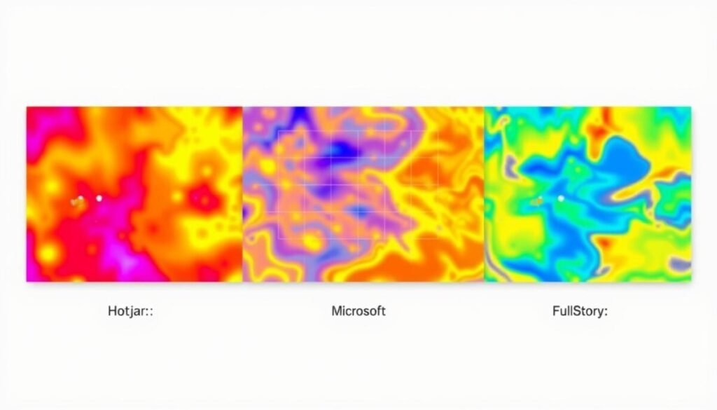 A detailed comparison of three vibrant heatmaps, each representing user behavior on different platforms: Hotjar, Microsoft Clarity, and FullStory. In the foreground, the first heatmap displays warm colors of red and orange highlighting areas of high user engagement, while the second heatmap features a cooler color palette, showcasing user interaction patterns with blues and greens. The third heatmap combines elements of both, illustrating a balanced view. In the middle, include subtle grid lines and icons representing possible website elements like buttons and links. The background should be a soft gradient, transitioning from a light to a dark shade, evoking a professional and analytical atmosphere. The lighting should be bright, emphasizing the details of the heatmaps, captured from a slight overhead angle to provide depth and clarity in the comparison. A detailed comparison of three vibrant heatmaps, each representing user behavior on different platforms: Hotjar, Microsoft Clarity, and FullStory. In the foreground, the first heatmap displays warm colors of red and orange highlighting areas of high user engagement, while the second heatmap features a cooler color palette, showcasing user interaction patterns with blues and greens. The third heatmap combines elements of both, illustrating a balanced view. In the middle, include subtle grid lines and icons representing possible website elements like buttons and links. The background should be a soft gradient, transitioning from a light to a dark shade, evoking a professional and analytical atmosphere. The lighting should be bright, emphasizing the details of the heatmaps, captured from a slight overhead angle to provide depth and clarity in the comparison.