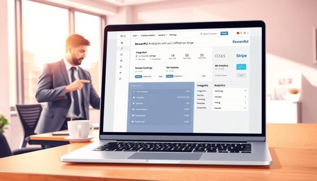 A detailed digital illustration showcasing the integration of Rewardful with Stripe in a bright, modern office environment. In the foreground, display a sleek laptop screen with the Rewardful dashboard open, showing analytics and integration settings. To the left, include a professional individual in business attire, engaged in a focused discussion, pointing at the laptop screen. In the middle, visualize a stylish desk with office stationery and a coffee mug, reflecting a creative workspace. In the background, depict a sunny window with city views, creating an atmosphere of productivity and innovation. The lighting should be warm and inviting, enhancing the theme of collaboration and success in affiliate marketing. The angle should be an inviting three-quarters view that highlights both the laptop and the engaged individual. A detailed digital illustration showcasing the integration of Rewardful with Stripe in a bright, modern office environment. In the foreground, display a sleek laptop screen with the Rewardful dashboard open, showing analytics and integration settings. To the left, include a professional individual in business attire, engaged in a focused discussion, pointing at the laptop screen. In the middle, visualize a stylish desk with office stationery and a coffee mug, reflecting a creative workspace. In the background, depict a sunny window with city views, creating an atmosphere of productivity and innovation. The lighting should be warm and inviting, enhancing the theme of collaboration and success in affiliate marketing. The angle should be an inviting three-quarters view that highlights both the laptop and the engaged individual.