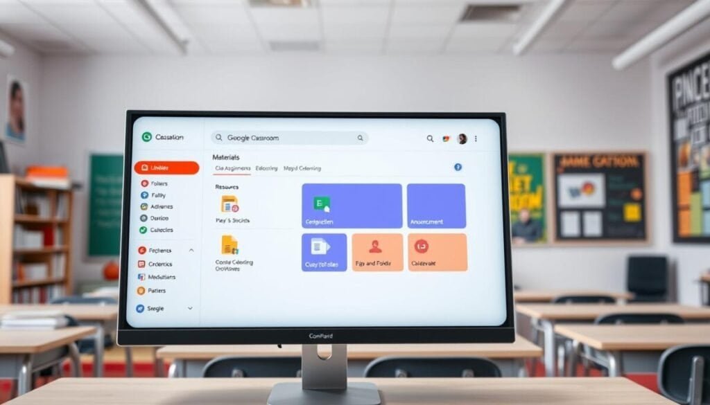 A detailed digital interface for Google Classroom showcasing class materials organization. In the foreground, a computer screen displaying the Google Classroom interface with folders for assignments, resources, and announcements, neatly arranged and color-coded for clarity. The middle layer includes a user-friendly navigation bar with icons for different sections, vibrant and intuitive design elements. The background features a clean, modern classroom setting with a soft-focus effect, incorporating elements like books, student desks, and motivational posters. The lighting is bright and inviting, creating an atmosphere of productivity and organization. The perspective is slightly angled to emphasize the screen while maintaining a sense of space in the classroom. No text or watermarks should be present, focusing purely on the visual presentation of the interface.