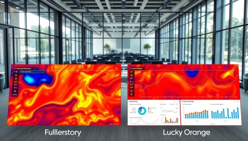 A detailed heatmap visualization contrasting user interactions for enterprise versus small business tools, with FullStory representing the enterprise and Lucky Orange symbolizing the small business. In the foreground, vibrant heatmaps showcase user engagement, with warmer colors indicating high interaction areas and cooler colors representing less activity. In the middle ground, include sleek dashboard interfaces with professional graphs and metrics that illustrate various user behaviors. The background features a modern office environment, with glass walls reflecting natural light coming from large windows, enhancing the high-tech atmosphere. Capture a sense of professionalism and innovation, focusing on clarity and usability of the tools. The composition should be shot in a slightly elevated angle to provide an overview of the heatmap designs and their surroundings, emphasizing a sophisticated, analytical mood.