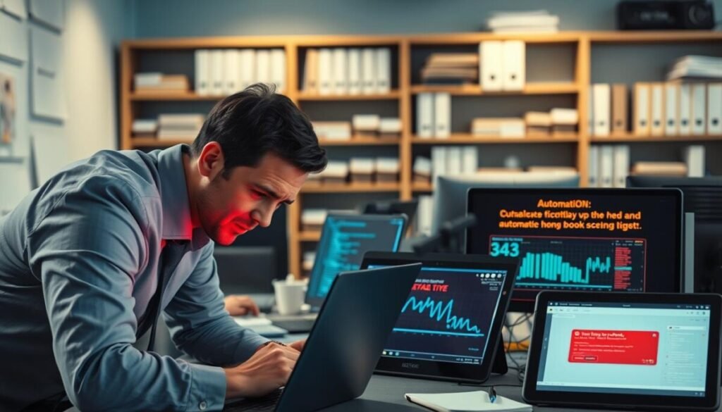 A detailed scene depicting a busy office environment focused on troubleshooting automation errors. In the foreground, a frustrated professional in business attire leans over a laptop, examining error messages on the screen, which glow with a red hue, hinting at malfunctioning automation scripts. In the middle ground, various digital devices like tablets and monitors display error codes and visual graphs representing workflow disruptions, with soft, diffused lighting accentuating the tense atmosphere. The background shows shelves filled with tech manuals and programming books, establishing an environment of problem-solving. The overall mood is one of urgency and determination, with a subtle blue ambient light casting a professional tone across the workspace, emphasizing the complexity of automation in modern work processes.
