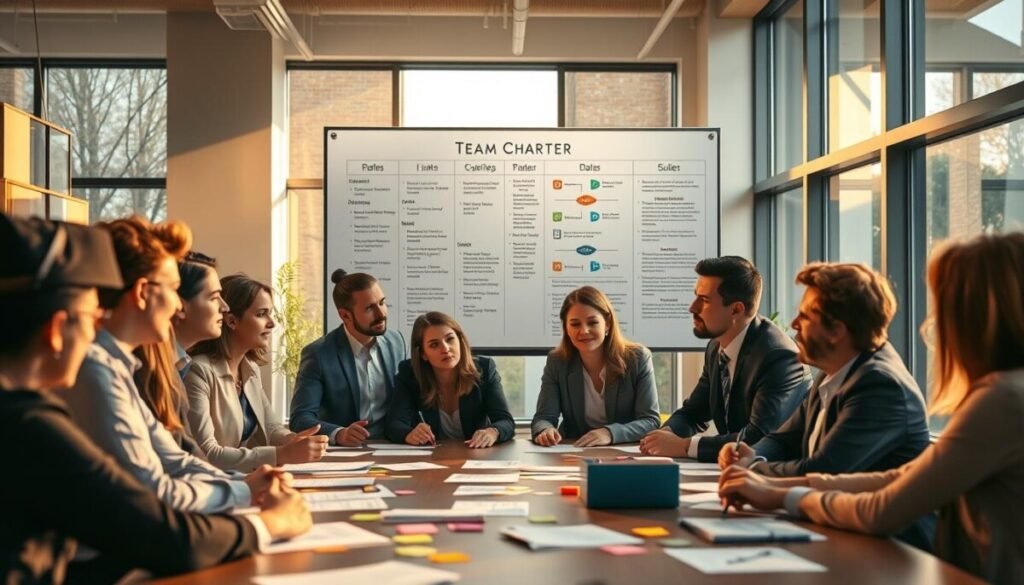 A detailed scene illustrating a team charter in a collaborative office environment. In the foreground, a diverse group of professionals, dressed in business attire, gather around a large table, engaging in discussion and brainstorming, with papers and colorful sticky notes scattered across the surface. The middle ground features a large whiteboard displaying a structured team charter, clearly outlining guidelines and goals through bullet points and diagrams. In the background, large windows allow natural light to filter in, illuminating the workspace and casting soft shadows. The atmosphere is energetic and focused, reflecting a productive team dynamic, with warm lighting enhancing the sense of collaboration and enthusiasm. A detailed scene illustrating a team charter in a collaborative office environment. In the foreground, a diverse group of professionals, dressed in business attire, gather around a large table, engaging in discussion and brainstorming, with papers and colorful sticky notes scattered across the surface. The middle ground features a large whiteboard displaying a structured team charter, clearly outlining guidelines and goals through bullet points and diagrams. In the background, large windows allow natural light to filter in, illuminating the workspace and casting soft shadows. The atmosphere is energetic and focused, reflecting a productive team dynamic, with warm lighting enhancing the sense of collaboration and enthusiasm.