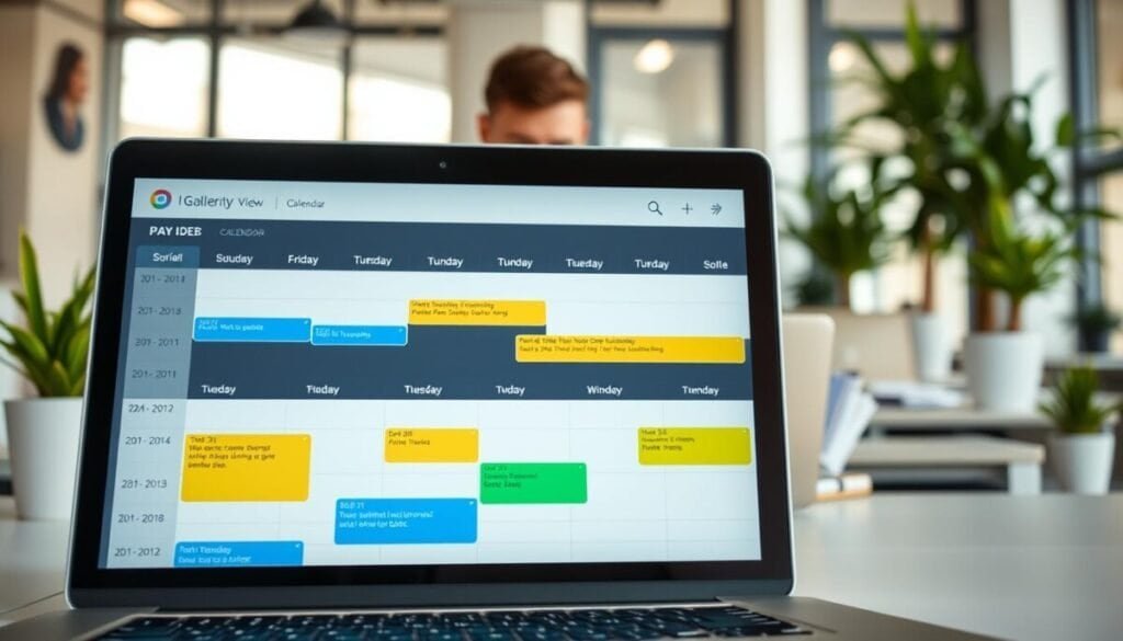 A detailed time-blocking calendar view displayed on a sleek, modern digital interface. In the foreground, multiple colorful blocks represent various tasks, organized systematically across the week, each block featuring different shades of blue, green, and yellow for visual clarity. In the middle ground, a blurred image of a person in professional attire, focused, with a thoughtfully arranged workspace, looking at the calendar on a laptop screen. The background softly fades into an office environment with potted plants and natural light streaming through large windows, creating a productive atmosphere. The overall mood is motivating and organized, emphasizing productivity and effective time management. Bright, diffused lighting enhances the modern aesthetic of the scene, with a wide-angle view to capture both the calendar and the workspace ambiance.