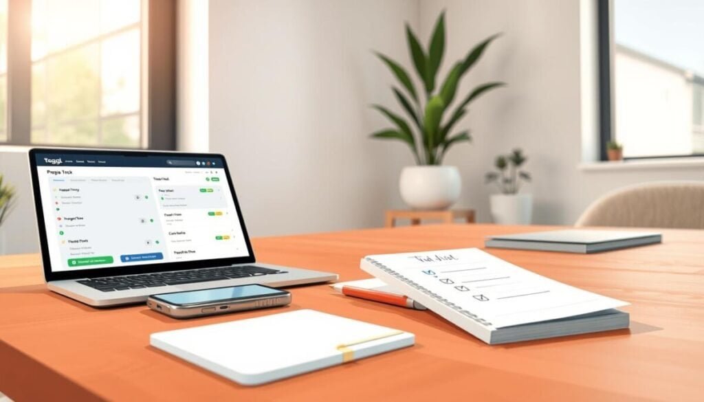 A digital illustration showcasing a sleek, modern workspace focused on project-based time tracking. In the foreground, a well-organized desk features a laptop displaying a Toggl Track interface with colorful time entries and project categories. A smartphone lies beside it, also open to the Toggl app. In the middle ground, a to-do list on a notepad, with checkmarks, symbolizes task completion. Soft, natural lighting illuminates the scene from a nearby window, creating a warm and inviting atmosphere. The background features a minimalist wall with plant decor, emphasizing productivity and focus. The angle captures a dynamic perspective, evoking a sense of action and engagement in managing time effectively. A digital illustration showcasing a sleek, modern workspace focused on project-based time tracking. In the foreground, a well-organized desk features a laptop displaying a Toggl Track interface with colorful time entries and project categories. A smartphone lies beside it, also open to the Toggl app. In the middle ground, a to-do list on a notepad, with checkmarks, symbolizes task completion. Soft, natural lighting illuminates the scene from a nearby window, creating a warm and inviting atmosphere. The background features a minimalist wall with plant decor, emphasizing productivity and focus. The angle captures a dynamic perspective, evoking a sense of action and engagement in managing time effectively.