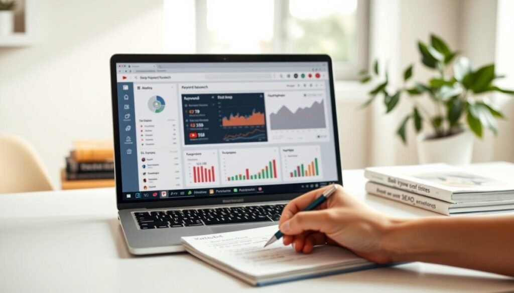 A digital workspace displaying specialized keyword research tools for YouTube SEO. In the foreground, focus on a sleek laptop screen showcasing a colorful keyword analysis dashboard filled with graphs, charts, and trending keywords. Include a hand with a pen poised over a notepad filled with ideas and notes. The middle ground features a calm, well-organized desk with a plant and books on SEO strategies. In the background, a large window lets in soft, natural light, creating a bright and inspiring atmosphere. Use a slightly blurred depth of field to emphasize the tools while maintaining a professional, inviting mood suitable for content creators aiming to enhance their video rankings in 2026.