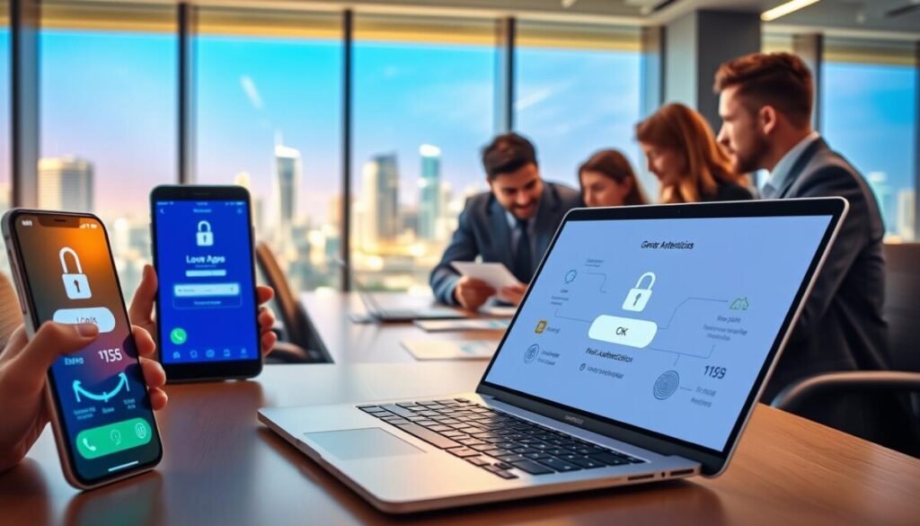 A digital workspace illustrating strong authentication and encryption best practices. In the foreground, a sleek laptop displays a secure login screen with multi-factor authentication symbols, such as an OTP generator and biometric scan icon. To the left, a modern smartphone shows an encrypted messaging app interface. In the middle ground, a diverse group of professionals in business attire collaborate around a table, analyzing cybersecurity charts and infographics, with a bright blue and green color palette symbolizing trust and security. The background features a futuristic city skyline through a large window, emphasizing the connectivity of remote work. The lighting is warm and inviting, with a soft focus effect to create a reassuring and productive atmosphere, evoking a sense of safety and professionalism.