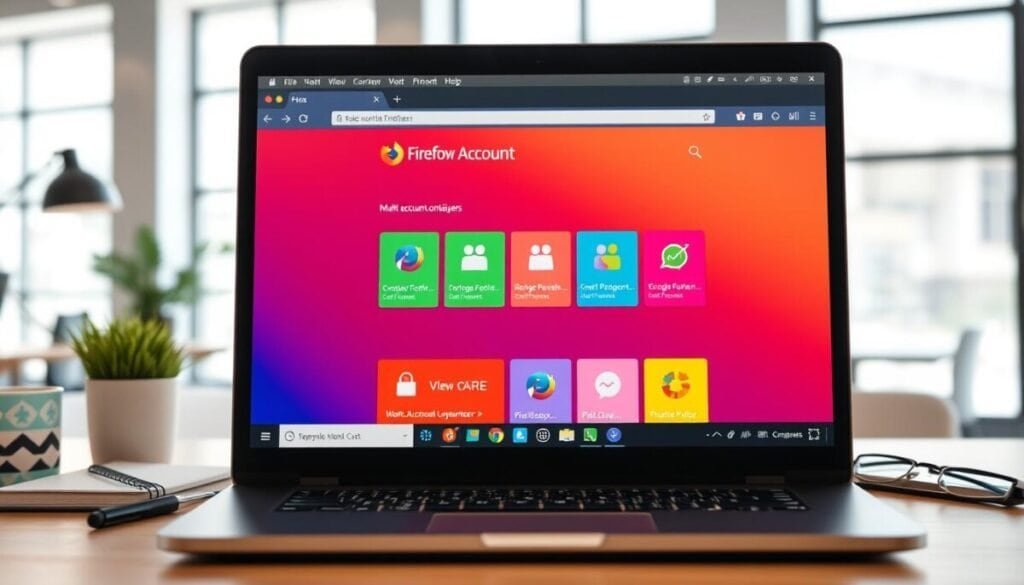 A digital workspace scene showcasing "multi-account containers" on a computer screen displaying the Firefox browser. In the foreground, a modern laptop with a vibrant, organized browser interface demonstrates various colored containers, each labeled with work and personal icons, symbolizing the separation of different logins. The middle ground includes a tidy desk with office supplies like a notebook, a coffee mug, and a plant, enhancing the professional atmosphere. In the background, a soft-focus view of a light-filled contemporary office environment, with large windows letting in natural sunlight. The overall mood is inspiring and productive, captured under bright, even lighting, with a slight depth of field to emphasize the computer interface. A digital workspace scene showcasing "multi-account containers" on a computer screen displaying the Firefox browser. In the foreground, a modern laptop with a vibrant, organized browser interface demonstrates various colored containers, each labeled with work and personal icons, symbolizing the separation of different logins. The middle ground includes a tidy desk with office supplies like a notebook, a coffee mug, and a plant, enhancing the professional atmosphere. In the background, a soft-focus view of a light-filled contemporary office environment, with large windows letting in natural sunlight. The overall mood is inspiring and productive, captured under bright, even lighting, with a slight depth of field to emphasize the computer interface.