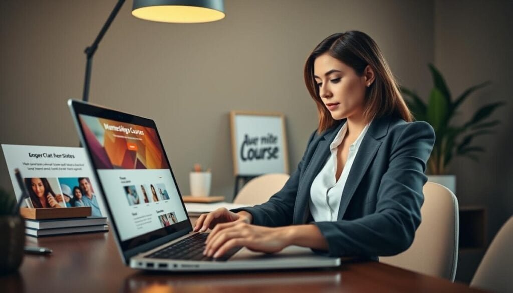 A digital workspace showcasing a modern GetResponse landing page for memberships and courses, presented on a sleek laptop with a high-resolution screen. In the foreground, a professional woman dressed in smart casual attire is engaged in the process of creating an engaging course landing page, highlighting vibrant visuals and a user-friendly interface. The middle ground features subtle hints of creative design elements and course offerings, such as icons and sample content blocks, inspiring a sense of innovation. In the background, a well-organized desk with stationery and a calming indoor plant suggests productivity, under warm, natural lighting that fosters a focused yet inviting atmosphere. The composition emphasizes clarity and professionalism, ideal for showcasing digital marketing solutions. A digital workspace showcasing a modern GetResponse landing page for memberships and courses, presented on a sleek laptop with a high-resolution screen. In the foreground, a professional woman dressed in smart casual attire is engaged in the process of creating an engaging course landing page, highlighting vibrant visuals and a user-friendly interface. The middle ground features subtle hints of creative design elements and course offerings, such as icons and sample content blocks, inspiring a sense of innovation. In the background, a well-organized desk with stationery and a calming indoor plant suggests productivity, under warm, natural lighting that fosters a focused yet inviting atmosphere. The composition emphasizes clarity and professionalism, ideal for showcasing digital marketing solutions.