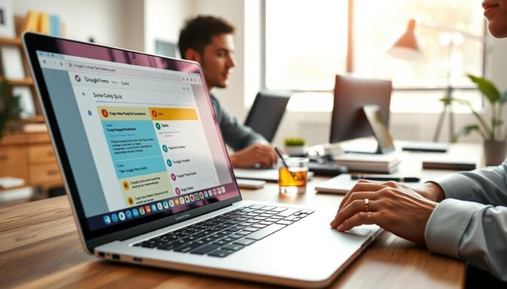 A digital workspace showcasing a vibrant Google Forms quiz being created on a laptop screen. In the foreground, the laptop is open with a close-up of the screen displaying colorful, interactive quiz questions. A person in professional business attire sits at the desk, thoughtfully assembling the quiz, their fingers poised over the keyboard. The middle layer features a well-organized desk with various stationary items, a drink, and a notepad filled with ideas. In the background, a bright, modern office space with natural light pouring in through a large window creates an inviting atmosphere. The overall mood is energetic and productive, capturing the essence of creating engaging, budget-friendly assessments online. The scene is well-lit, with soft shadows creating depth, mimicking a shallow depth of field to emphasize the laptop.