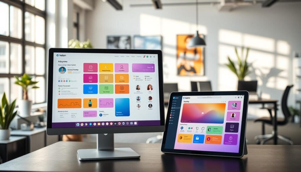 A digital workspace showcasing user interface customization templates for collaborative tools. In the foreground, a sleek computer monitor displays a vibrant, modular interface filled with colorful options for layout adjustments, widget placements, and theme selections. Beside it, a modern tablet shows a similar design in a different color scheme, highlighting the theme variations. In the middle background, a stylish office space with ergonomic furniture, potted plants, and an organized desk adds depth, creating a professional atmosphere. Soft, natural lighting filters in from a window, casting gentle shadows, while a shallow depth of field focuses on the interfaces, enhancing their details. The mood is innovative and dynamic, reflecting a creative environment ideal for team collaboration.