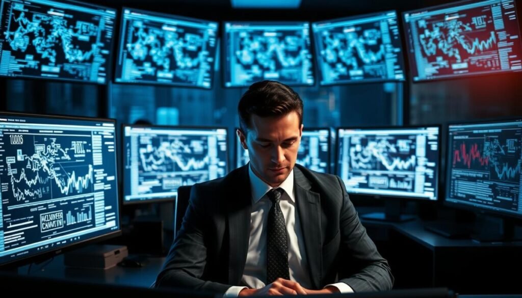 A dimly lit office space with multiple computer screens displaying intricate dark web data patterns and graphs in the foreground. In the middle ground, a focused business professional in formal attire, seated at a sleek desk, analyzing the information, showcasing a sense of urgency and diligence. The background should feature shadows, adding a sense of mystery and caution to the environment, with a hint of city skyline through a window, suggesting the outside world. Use a cool color palette with blue and grey tones, highlighting the seriousness of dark web monitoring. The lighting should emphasize the glow of the screens, creating a contrast against the darker surroundings, evoking a mood of vigilance and protection.
