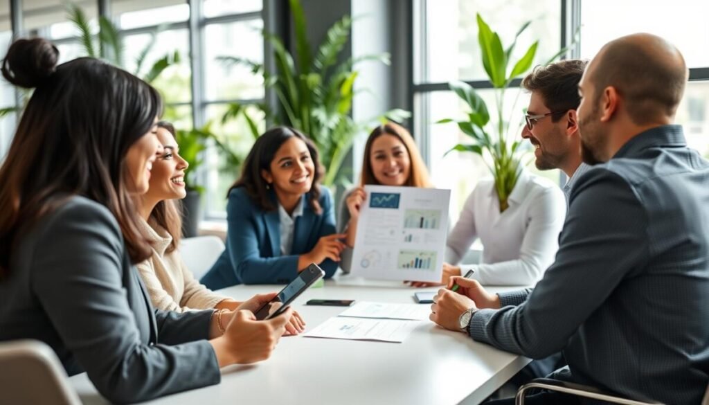 A diverse group of five team members engaged in a dynamic brainstorming session around a modern conference table. In the foreground, a woman of Asian descent in business attire, smiling and gesturing, while a man of African descent makes notes on a digital tablet. In the middle, a Hispanic woman holds up a visual aid, with a Caucasian man listening attentively and nodding in agreement. In the background, large windows let in natural light, illuminating a bright and modern office space filled with greenery. The atmosphere is collaborative and energetic, conveying a sense of unity and purpose, with a slight depth of field effect focusing on the team while softly blurring the background. The lens style is wide-angle, capturing the spirit of teamwork and communication. A diverse group of five team members engaged in a dynamic brainstorming session around a modern conference table. In the foreground, a woman of Asian descent in business attire, smiling and gesturing, while a man of African descent makes notes on a digital tablet. In the middle, a Hispanic woman holds up a visual aid, with a Caucasian man listening attentively and nodding in agreement. In the background, large windows let in natural light, illuminating a bright and modern office space filled with greenery. The atmosphere is collaborative and energetic, conveying a sense of unity and purpose, with a slight depth of field effect focusing on the team while softly blurring the background. The lens style is wide-angle, capturing the spirit of teamwork and communication.