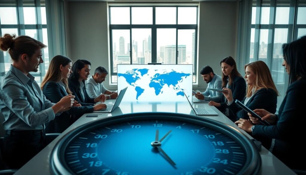 A diverse group of professionals, dressed in professional business attire, engaged in a vibrant virtual meeting around a large conference table. In the foreground, a world clock displays time zones, highlighting major cities globally. The middle section features a large screen showing a digital map with time zone lines, while team members actively participate using laptops and tablets. In the background, windows reveal a bright cityscape, symbolizing global reach. Soft, natural lighting illuminates the scene, creating an inviting atmosphere. The perspective is slightly angled from above, capturing both the technology and collaboration, embodying the spirit of time zone awareness in a global work environment.