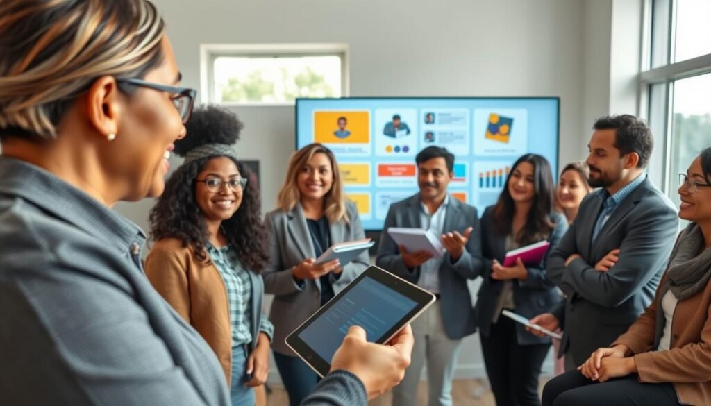 A diverse group of professionals engaged in a storytelling workshop, set in a bright, modern virtual meeting environment. In the foreground, a facilitator guides the session, displaying enthusiasm while holding a tablet. Participants, dressed in professional business attire or modest casual clothing, are visible in the middle ground, actively sharing stories and ideas with one another. The background features a large screen displaying colorful story elements and graphics. Soft, natural lighting streams in from virtual windows, creating an inviting and collaborative atmosphere. The angle captures the dynamic interaction among the team, emphasizing engagement and connection during the workshop. The mood is inspiring, focused, and supportive, highlighting the power of storytelling to enhance team dynamics.