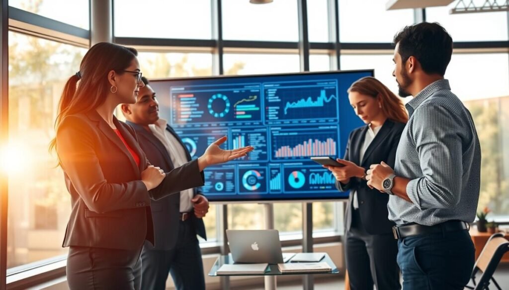A diverse group of professionals in a modern office setting, collaborating over a large digital screen displaying complex AI customer service graphics and data analytics. In the foreground, a confident woman in business attire gestures toward the screen, highlighting successful implementation strategies, while a man takes notes, showing engagement. In the middle ground, two colleagues are brainstorming solutions, surrounded by notepads and laptops. The background features large windows with a bright, sunny day outside, symbolizing optimism and progress. Soft, warm lighting illuminates the room, creating a positive and focused atmosphere. The angle is slightly elevated, providing a comprehensive view of the teamwork involved in overcoming challenges in AI customer service implementation.