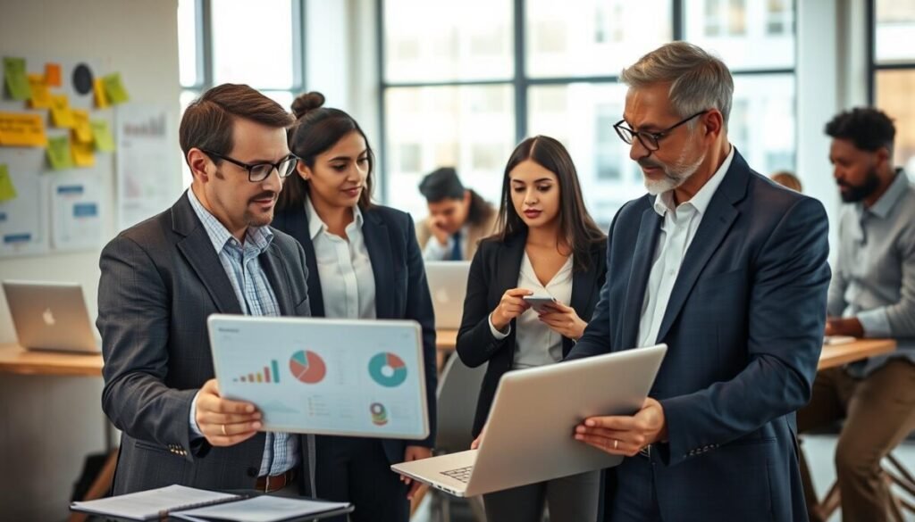 A diverse group of professionals in a modern office setting, engaged in a collaborative discussion about no-code development platforms. In the foreground, a middle-aged man in a business suit is demonstrating a user-friendly interface on a laptop to a young woman in business casual attire, who looks engaged and curious. Surrounding them are charts and sticky notes on the walls, representing data and user feedback. The middle ground features other colleagues, including a woman of Asian descent and a man of African descent, working at their desks with laptops and brainstorming ideas. The background shows large windows with natural light streaming in, creating a bright and inviting atmosphere. The overall mood is one of teamwork and innovation, emphasizing the supportive environment of technical assistance and user adoption in a no-code context.