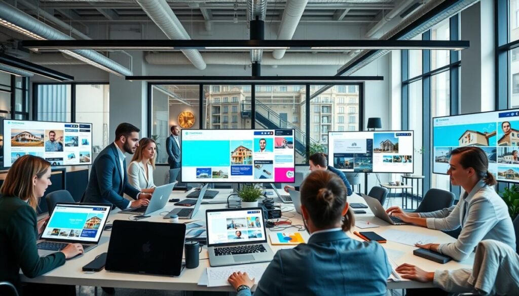A dynamic and engaging workspace showcasing innovative marketing and content creation platforms for real estate. In the foreground, a diverse group of professionals in smart business attire collaborates around a modern table filled with laptops, digital devices, and printed materials. In the middle ground, vibrant screens display user-friendly interfaces of various content creation tools, emphasizing visuals related to marketing campaigns and digital strategies. The background features a stylish office setting with large windows allowing natural light to fill the space, creating a bright and motivating atmosphere. The overall mood is upbeat and collaborative, emphasizing creativity and innovation in the real estate digital toolkit. Use a wide-angle lens for an immersive perspective, highlighting interaction and engagement among the team.