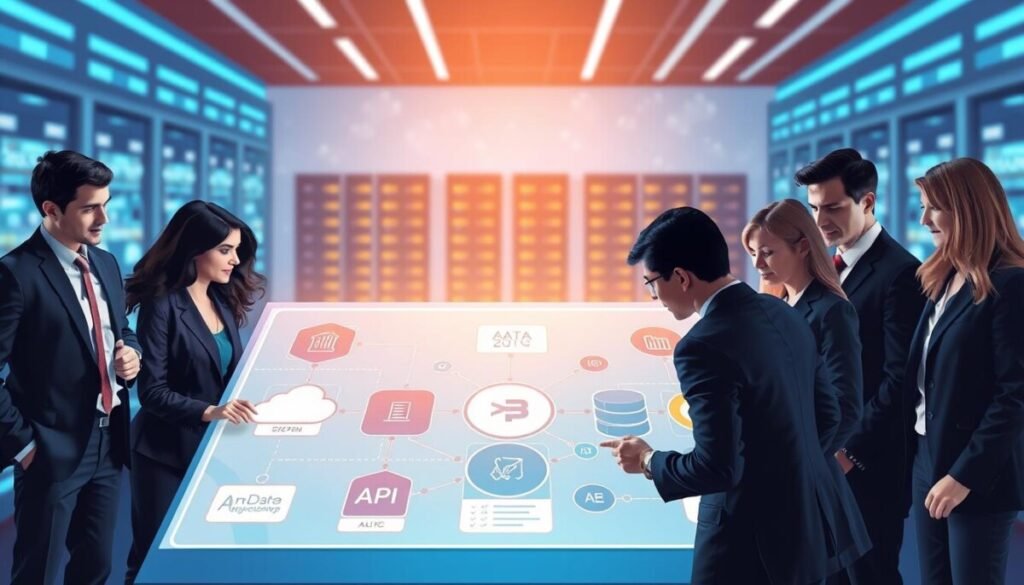 A dynamic and visually engaging illustration depicting integrations with data sources and backend support. In the foreground, a diverse group of professionals in smart business attire, collaborating over a sleek, modern digital interface showcasing data flow diagrams and API connections. The middle area features stylized representations of various data sources, such as cloud storage, databases, and analytics platforms, interconnected through vibrant digital lines. The background includes abstract representations of server rooms and network infrastructure, subtly illuminated with blue and green lighting, creating a tech-savvy ambiance. The overall mood is one of innovation and collaboration, suggesting a forward-thinking approach to software development. Use a slightly angled perspective to enhance depth and engagement.