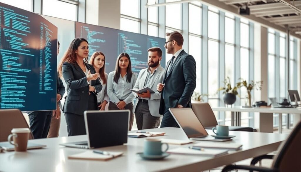 A dynamic and visually engaging scene illustrating Karate DSL API testing, showcasing a diverse group of professionals in business attire gathered around a large digital display filled with code snippets and graphs. In the foreground, a focused woman points at the screen, while a man takes notes. The middle ground features a modern office setting with laptops, notepads, and coffee cups scattered on a sleek table, blending an atmosphere of collaboration and innovation. The background is filled with large windows allowing natural light to flood the space, creating a bright and inspiring environment. The composition should have a depth of field effect, highlighting the group in sharp focus while gently blurring the background, evoking a sense of teamwork and technological advancement. A dynamic and visually engaging scene illustrating Karate DSL API testing, showcasing a diverse group of professionals in business attire gathered around a large digital display filled with code snippets and graphs. In the foreground, a focused woman points at the screen, while a man takes notes. The middle ground features a modern office setting with laptops, notepads, and coffee cups scattered on a sleek table, blending an atmosphere of collaboration and innovation. The background is filled with large windows allowing natural light to flood the space, creating a bright and inspiring environment. The composition should have a depth of field effect, highlighting the group in sharp focus while gently blurring the background, evoking a sense of teamwork and technological advancement.