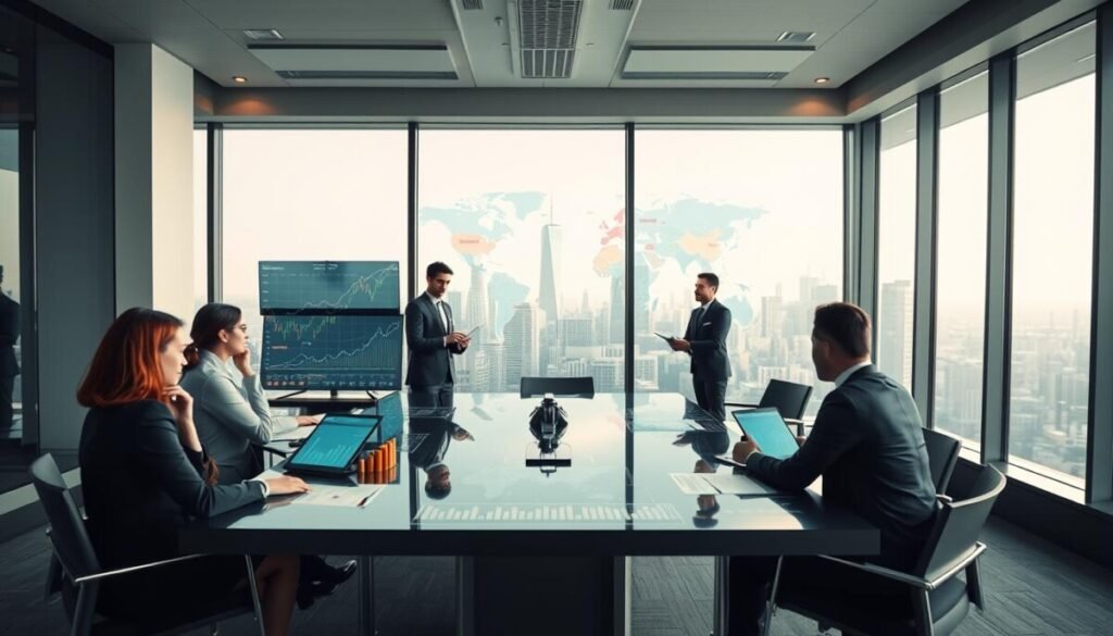 A dynamic business meeting scene set in a modern office, showcasing a diverse group of professionals dressed in smart business attire, gathered around a sleek conference table. In the foreground, charts and graphs displaying fluctuating economic trends are visible on digital screens. The middle ground features interactive maps of global markets with highlighted regions undergoing significant geopolitical changes. The background captures a city skyline through large windows, bathed in natural light, symbolizing growth and opportunity. The atmosphere conveys a sense of urgency and strategic thinking, with soft focus lighting enhancing the weight of the discussions. The viewpoint is from a slightly elevated angle to encompass all elements harmoniously.