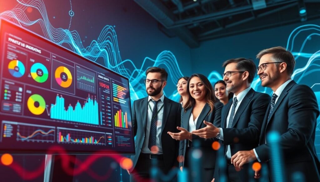 A dynamic data visualization scene showcasing the concept of big data insights. In the foreground, a sleek digital dashboard displays vibrant and colorful infographics, including pie charts and bar graphs, with flowing lines representing data trends. The middle ground features diverse professionals in business attire, deeply engaged in analyzing the data, with a mix of expressions ranging from concentration to excitement. In the background, abstract representations of data streams cascade through a digital landscape, illuminated by soft blue and green lighting, conveying a futuristic atmosphere. Use a wide-angle perspective to capture the scale of the dashboard and the intensity of the team’s collaboration. The overall mood should feel innovative and inspiring, emphasizing the power of data visualization in today’s world.