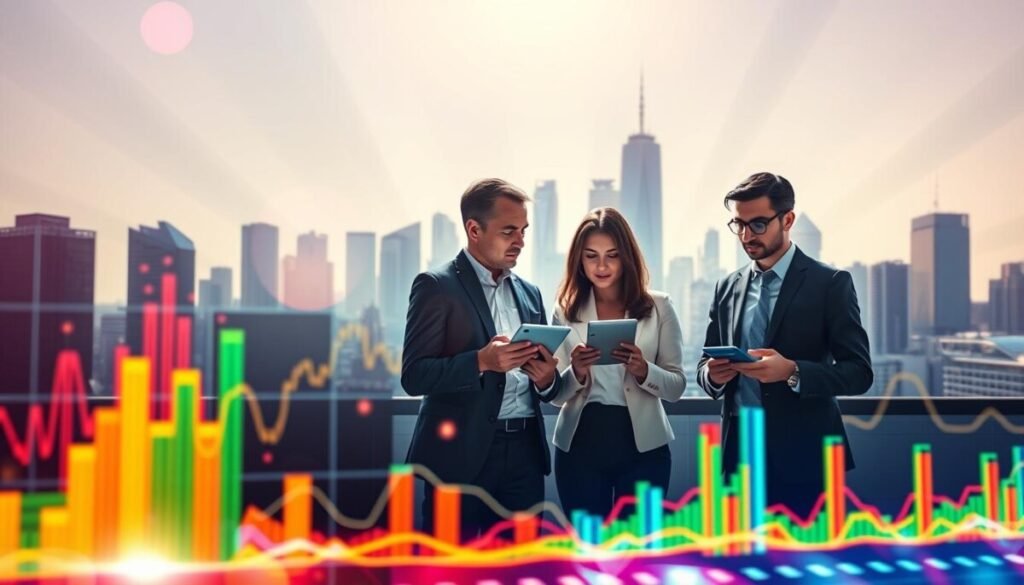 A dynamic digital landscape representing data analytics market trends, with a vibrant array of colorful graphs and charts emerging in the foreground. In the middle ground, a diverse group of professionals in business attire is engaged in discussion, analyzing the data on sleek electronic devices. The background features a futuristic city skyline, symbolizing growth and innovation in e-commerce. The lighting is bright and optimistic, with soft, diffused rays illuminating the scene, creating a sense of clarity and insight. The composition is framed from a slightly elevated angle, adding depth and perspective. The overall mood conveys professionalism, collaboration, and forward-thinking, embodying the essence of informed decision-making in the evolving marketplace.