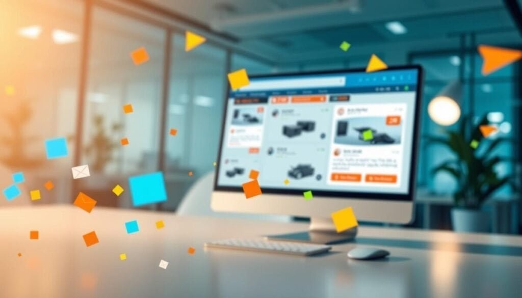 A dynamic digital scene showcasing web push notifications and gamified popups on a sleek, modern website interface. In the foreground, vibrant notification icons fluttering with attention-grabbing animations, featuring bright colors like blue, green, and orange. The middle ground displays a computer monitor with an open e-commerce dashboard, showing simulated alerts and popup boxes that resemble engaging promotional messages. The background features a blurred office setting to suggest a tech-savvy atmosphere, with soft ambient lighting creating a warm, inviting glow. Capture the essence of excitement and engagement, using a slightly tilted angle to enhance depth and perspective, while maintaining a clean and professional aesthetic. The overall mood should be energetic and modern, emphasizing innovation in e-commerce strategies. A dynamic digital scene showcasing web push notifications and gamified popups on a sleek, modern website interface. In the foreground, vibrant notification icons fluttering with attention-grabbing animations, featuring bright colors like blue, green, and orange. The middle ground displays a computer monitor with an open e-commerce dashboard, showing simulated alerts and popup boxes that resemble engaging promotional messages. The background features a blurred office setting to suggest a tech-savvy atmosphere, with soft ambient lighting creating a warm, inviting glow. Capture the essence of excitement and engagement, using a slightly tilted angle to enhance depth and perspective, while maintaining a clean and professional aesthetic. The overall mood should be energetic and modern, emphasizing innovation in e-commerce strategies.