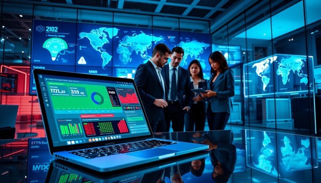 A dynamic, high-tech visualization of endpoint security represented by the CrowdStrike Falcon XDR. In the foreground, a sleek, modern laptop displays a vibrant dashboard filled with security analytics and threat alerts, glowing with bright blues and greens. In the middle ground, a group of diverse professionals in professional business attire collaborate around the laptop, analyzing data and discussing strategies, with expressions of focus and determination. The background features an ultra-modern office with transparent glass walls and digital displays showcasing global cyber threat maps. The lighting is bright and high-tech, with reflections highlighting the team’s engagement. The atmosphere is one of innovation and urgency, reflecting the importance of AI in threat detection while maintaining a sense of professionalism and teamwork.