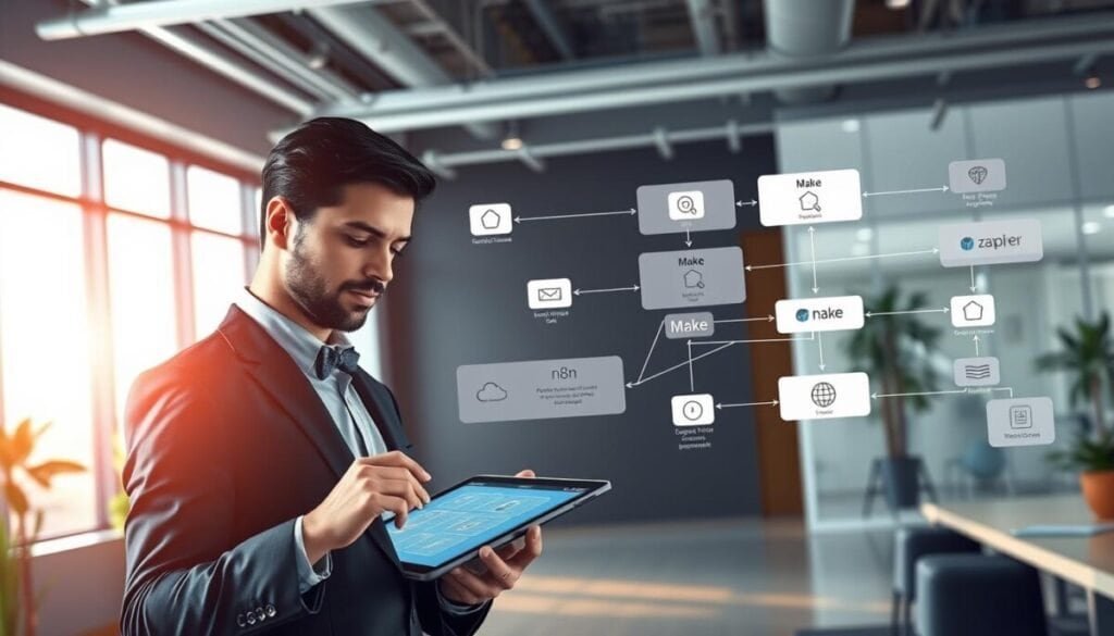 A dynamic illustration of platform migration workflows, depicting clear, interconnected diagrams and flowcharts representing various low-code automation platforms such as Zapier, Make, n8n, and Power Automate. In the foreground, show a business professional in smart attire, analyzing a digital tablet with vibrant graphs and pathways illustrating data migration. In the middle, visualize layered workflow charts with icons symbolizing automation tasks, seamlessly transitioning from one platform to another. In the background, include a sleek and modern office environment, softly illuminated by natural light filtering through large windows, creating a productive atmosphere. The angle should be slightly tilted to add depth, with a focus on clarity and organization within the migration process. The overall mood should evoke professionalism and efficiency. A dynamic illustration of platform migration workflows, depicting clear, interconnected diagrams and flowcharts representing various low-code automation platforms such as Zapier, Make, n8n, and Power Automate. In the foreground, show a business professional in smart attire, analyzing a digital tablet with vibrant graphs and pathways illustrating data migration. In the middle, visualize layered workflow charts with icons symbolizing automation tasks, seamlessly transitioning from one platform to another. In the background, include a sleek and modern office environment, softly illuminated by natural light filtering through large windows, creating a productive atmosphere. The angle should be slightly tilted to add depth, with a focus on clarity and organization within the migration process. The overall mood should evoke professionalism and efficiency.