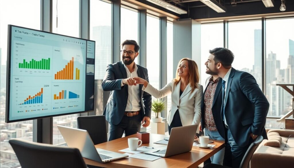 A dynamic office environment showcasing a diverse team of professionals in business attire celebrating successful customer outcomes using a Customer Data Platform (CDP). In the foreground, a group of three individuals—two men and one woman—are engaged in a discussion, pointing at a large digital screen displaying colorful graphs and positive metrics. In the middle ground, a comfortable workspace with laptops, notes, and coffee cups, illustrating collaboration. The background features large windows with a view of a bustling cityscape, bright sunlight streaming in, creating an uplifting atmosphere. The overall mood is one of achievement and teamwork, with soft, natural lighting highlighting their expressions of excitement and pride. The angle captures the energy of the workspace, emphasizing the connection between technology and customer success.