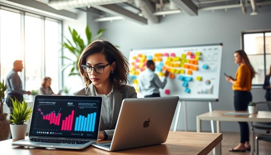 A dynamic office environment showcasing a modern workspace dedicated to email marketing analytics. In the foreground, a professional businesswoman in smart attire is analyzing data on a sleek laptop, with vivid graphs and charts visible on the screen, highlighting ROI metrics. The middle ground features a whiteboard filled with colorful sticky notes and brainstorming ideas related to revenue attribution strategies. In the background, soft-focus silhouettes of diverse professionals collaborate around a table, deep in discussion, surrounded by potted plants and stylish decor. Bright, natural light pours through large windows, creating an optimistic and energetic atmosphere. The overall mood conveys focus, innovation, and growth potential.