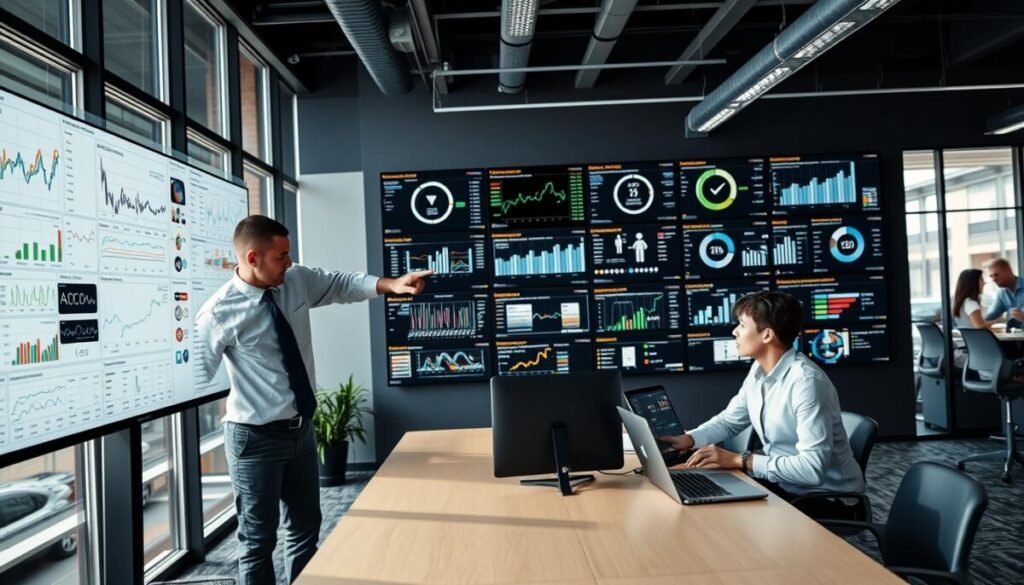 A dynamic office environment showcasing a team of three professionals analyzing large datasets on multiple screens. In the foreground, one person in business attire is pointing at a complex data visualization on a large monitor, while two others, seated at a conference table, review data charts and graphs on laptops. The middle ground features a wall filled with digital dashboards displaying performance metrics and scalability indicators. In the background, large windows let in natural light, illuminating a modern workspace with sleek furniture. The atmosphere is focused and collaborative, conveying a sense of innovation and teamwork in handling big data. Use a wide-angle lens for a comprehensive view, with soft shadows and bright, balanced lighting to enhance clarity and professionalism.