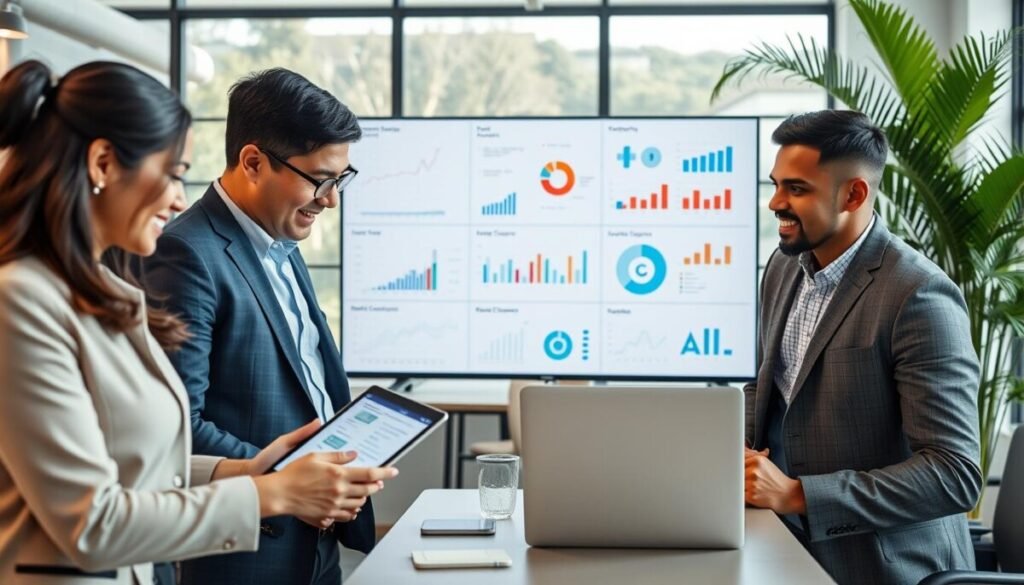 A dynamic office scene featuring small business professionals engaging with a digital customer data platform on various devices. In the foreground, a diverse group of three individuals, a woman of Asian descent and two men, one Black and one Hispanic, are discussing insights displayed on a tablet and laptop. They are dressed in professional business attire, reflecting collaboration. In the middle ground, a large screen showcases intricate graphs, customer segments, and data visualization, symbolizing effective data use. The background features a modern office space with plants and large windows letting in soft, natural light, creating an inviting atmosphere. The overall mood is one of enthusiasm and innovation, capturing the essence of leveraging customer data for small business growth.
