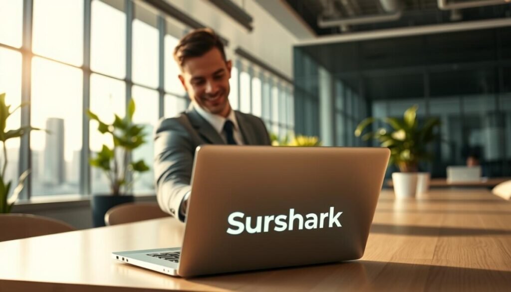 A dynamic office setting featuring a professional person in business attire engaging with a laptop displaying Surfshark, symbolizing budget-friendly VPN services. In the foreground, focus on the laptop screen with the Surfshark logo prominently displayed. The middle ground shows a sleek, modern workspace with plants and a large window, providing natural light streaming in to create a bright atmosphere. The background includes blurred cityscape silhouettes, hinting at connectivity and global reach. The mood is innovative and optimistic, emphasizing affordability without compromising quality. Utilize soft, warm lighting for a welcoming impression, and consider a slightly angled perspective to add depth to the scene.