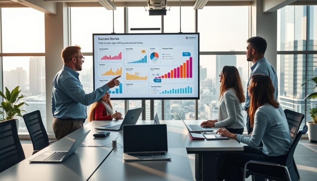 A dynamic office space showcasing professionals engaged in collaborative discussions around a large screen displaying colorful data visualizations and success stories. In the foreground, a diverse group of three people—two men and one woman—dressed in professional attire, point at the screen while taking notes. In the middle, sleek desks with laptops and documents neatly arranged, depicting a high-energy atmosphere. The background features a modern cityscape visible through large windows, with natural light flooding in, creating an open and inspiring environment. Soft shadows and warm lighting enhance the inviting mood, encapsulating a sense of innovation and teamwork in a workspace focused on growth and success.
