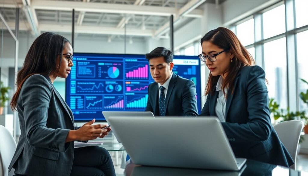 A dynamic scene depicting the impact of redirects on user engagement in a digital marketing context. In the foreground, a diverse group of three professionals, dressed in smart business attire, are actively analyzing data on sleek laptops, their focused expressions conveying a sense of urgency and collaboration. In the middle ground, vibrant flowcharts and graphs are displayed on large digital screens, illustrating user engagement metrics and redirect analytics. The background features a modern, brightly lit office with large windows, allowing natural light to flood the space, creating a productive atmosphere. The overall mood is one of innovation and teamwork, showing how data-driven decisions influence user interaction and business performance. The perspective is slightly angled, enhancing the sense of depth and engagement in the workspace.