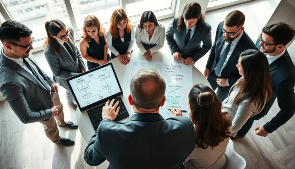 A dynamic scene illustrating "launch pitfalls" in a contemporary office environment. In the foreground, a diverse group of professionals in smart business attire (men and women) is gathered around a round table. They appear concerned as they examine a complex flowchart on a laptop screen, highlighting various launch phases. In the middle ground, a whiteboard displays common pitfalls, such as 'poor planning,' 'testing issues,' and 'inadequate audience targeting,' sketched in colorful markers. The background reveals a bright, modern office with large windows, casting natural light that creates a positive atmosphere but with an underlying tension. The camera angle is slightly above the group, giving a bird’s-eye view of the meeting, emphasizing collaboration and urgency, capturing the essence of strategizing to overcome challenges during a launch. A dynamic scene illustrating "launch pitfalls" in a contemporary office environment. In the foreground, a diverse group of professionals in smart business attire (men and women) is gathered around a round table. They appear concerned as they examine a complex flowchart on a laptop screen, highlighting various launch phases. In the middle ground, a whiteboard displays common pitfalls, such as 'poor planning,' 'testing issues,' and 'inadequate audience targeting,' sketched in colorful markers. The background reveals a bright, modern office with large windows, casting natural light that creates a positive atmosphere but with an underlying tension. The camera angle is slightly above the group, giving a bird’s-eye view of the meeting, emphasizing collaboration and urgency, capturing the essence of strategizing to overcome challenges during a launch.